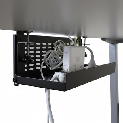 AEONS Universal Under Desk Cable Management Tray-Clamp Mount Hinged Swing Modesty Panel Organizer for Office Desks, Easy Access Flip-Down Position Power Strip Cord Storage No-Drill, 25 lb Capacity