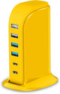 45W USB Charging Station, 6-Port Hub with 4 USB-A & 2 USB-C Ports, 5ft Cable, Yellow