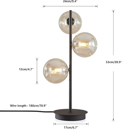Modern Globe Table Lamp, Mid Century 3 Lights Black Bedside Lamp, Brown Glass Globe Reading Lamp for Bedroom Living Room Study Room