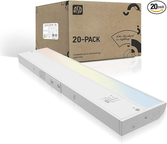 ASD 20 Pack 12 Inch LED Under Cabinet Lighting Plug in or Hardwired, High/Low/Off Switch, 5W 120V 3 CCT 2700K/3000K/4000K CRI90+, Triac Dimmable Linkable Under Counter Lights for Kitchen, ETL, White