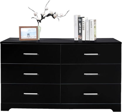 Karl home 6 Drawer Dresser, Wood Black Vanity Drawer Cabinet, Bedroom Storage Cabinet TV Stand, Large Dresser Storage Chest with Deep Drawers, Bedroom Furniture, 47.2×27.6×15.7 inches
