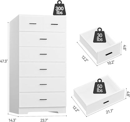 47.3" Tall Dresser for Bedroom Chests of Drawers with Charging Station 7 Drawer Dressers with Metal Slide Rail Modern Wood Closet Organizer with Large Storage for Home Office Entryway
