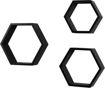 AHDECOR Wall Mounted Hexagon Floating Shelves, Wooden Wall Organizer Hanging Shelf for Home Decor, Set of 3, Black