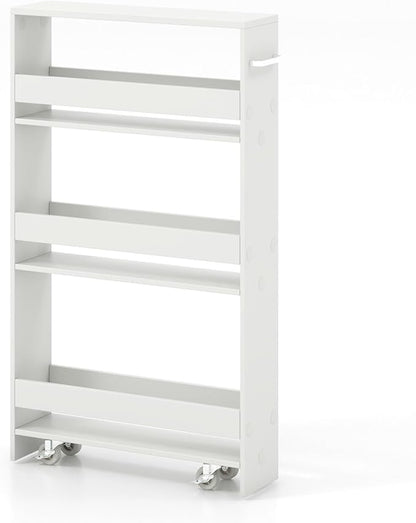 Giantex Slim Storage Cart 4 Tier, Rolling Narrow Island Cart, Side Cabinet w/Handle, Space Saving Trolley, Kitchen Utility Cart Tower Rack for Dining Room Laundry Room Bathroom, White