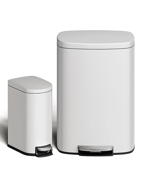GarveeHome 13 Gal & 2.6 Gal Trash Can Combo Set, Kitchen Trash Can and Bathroom Trash Bin with Lid, Step-On Rustproof Garbage Bin with Inner Bucket, White