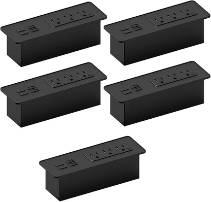 Kable Kontrol Recessed Power Strip with Fast Charging 2 PD65W USB-C Ports, 2 USB-A Ports, 3 Power Desk Outlets, Flush Mount Furniture Charging Station Grommet for Side Table, End Table - Black, 5 Pcs