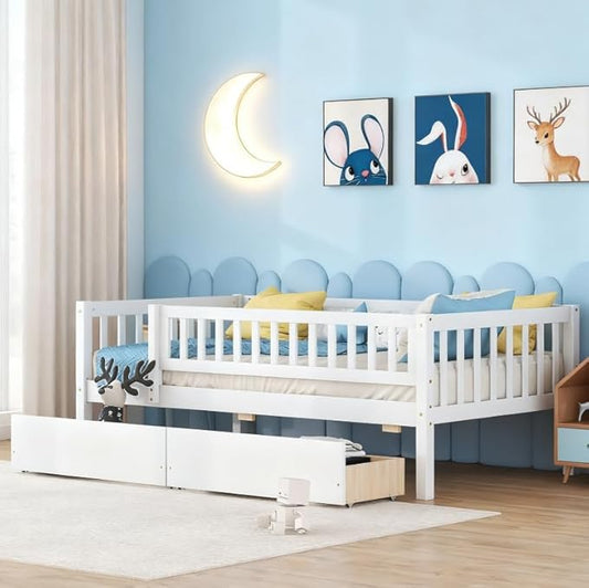 Bellemave Twin Bed Frames with Rails for Kids, Twin daybed Frame with Drawers for Boys/Girls/Adults，White