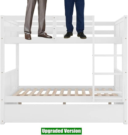 TSAMPA Latest Upgraded & Stronger Heavy Duty Solid Wood Full Over Full Bunk Bed with Trundle, Thickened Safer Convertible Bunk Bed Frame Full Over Full Size Bunk Bed (Easier to Assemble) (White)