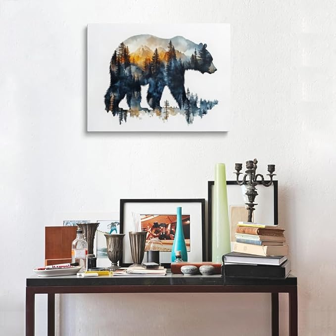 Forest Landscape Inside Bear Canvas Wall Art Framed Painting Watercolor Wildlife Wall Decor Artwork Print Poster Nature Mountain Silhouette Sunset for Living Room Home Office Cabin Decor 16x24 Inches