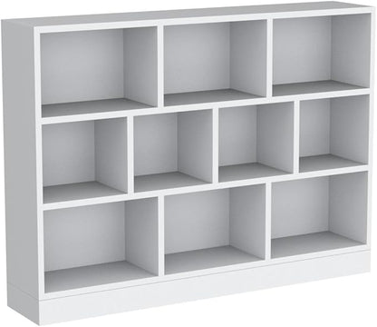 IOTXY Open Shelf Low Bookcase - Wooden 3-Tier Floor Standing Display Cabinet Organizer with Base, 10 Cubes Short Horizontal Bookshelf in Warm White