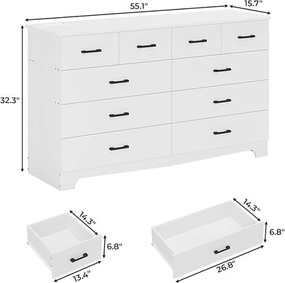 Hasuit 10 Drawer Dresser for Bedroom, Large Chest of Drawers with Charging Station, 55.1'' Wide Storage Clothes Closet Organizer, Long Dresser TV Stand for Living Room, White
