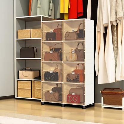 8 Cubbies Handbag Storage Organizer for Closet, Foldable Purse Display Cabinet with Magnetic Doors and Wheels, Fits Shoes&Boots, Books, Toys, and More