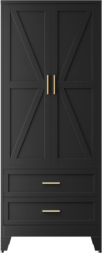 COFaR Metal Wardrobe Cabinet, 71 Farmhouse Armoire Wardrobe Closet with Rods, 2 Barn Doors, Adjustable Shelves, Steel with 2 Drawer Bedroom armoires, Black