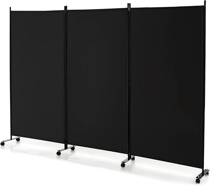 GOFLAME 3 Panel Folding Room Divider, 6FT Rolling Privacy Screen with Lockable Wheels, Portable Room Partition Screen, Freestanding Wall Divider and Separator for Home Office, Black