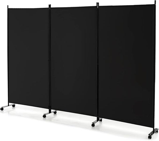 GOFLAME 3 Panel Folding Room Divider, 6FT Rolling Privacy Screen with Lockable Wheels, Portable Room Partition Screen, Freestanding Wall Divider and Separator for Home Office, Black