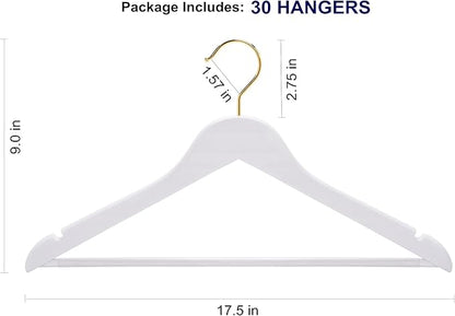 Amber Home 30 Pack Solid Wood Suit Coat Hangers, Smooth White Finish Wooden Dress Hangers with Non Slip Pant Bar, Clothes Hangers with Gold Hook & Notches for Jacket, Pant, Shirt (White+Gold, 30)