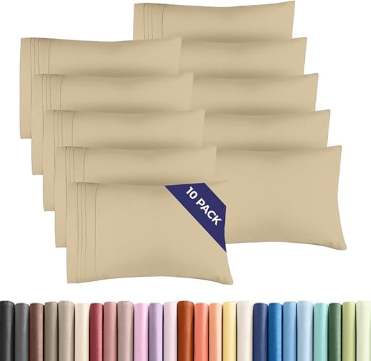 King Pillow Cases Set of 10 - Ultra Soft Hotel Quality Pillowcase Covers - Comfy & Wrinkle Free - Shrink, Stain and Fade Resistant - Easy-Care, Machine Washable Pillow Protectors - 10 Pcs Set - Beige