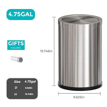 4.7 Gallon/18L Stainless Steel Bathroom Trash Can,Silver Garbage Bin with Swing Lid,Round,Elegant Waste Basket,for Toilet,Kitchen,Living Room,Hotel,Home (18L-Silver)