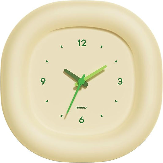 mooas Cute Mini Analog Marshmallow Clock 6.9 Inch Aesthetic Small Silent Bedside Desk Clock Battery Operated Non-Ticking Shelf Clocks for Décor Livingroom Bedroom Kitchen Desktop Gift Clock(Yellow)