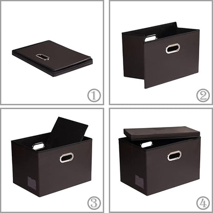 PRANDOM Collapsible Storage Bins with Lids [3-Pack] Leather Fabric Foldable Storage Boxes Organizer Containers Baskets Cube with Cover for Bedroom Closet Office Nursery Brown (14.9x10.8x10)