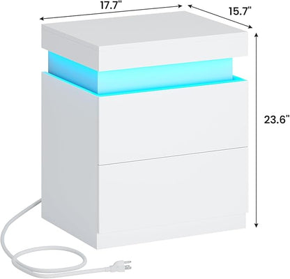 ADORNEVE White Nightstand Set of 2,Night Stand with Charging Station & LED Light & Sliding Top,Bedside Table with Drawers,Modern Bed Side Tables Bedroom