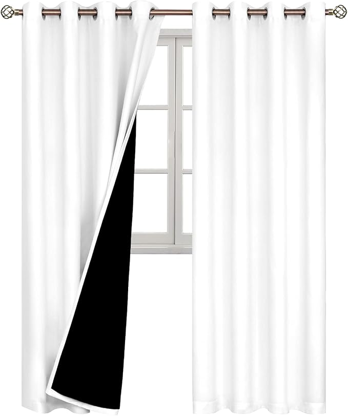 BGment Thermal Insulated 100% Blackout Curtains for Bedroom with Black Liner, Double Layer Full Room Darkening Noise Reducing Grommet Curtain (55 x 96 Inch, White, 2 Panels)