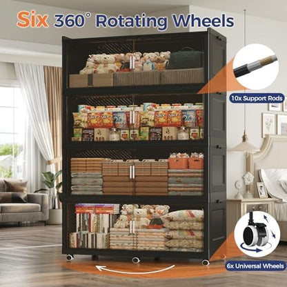 150GAL Extra Large Storage Bins with Lid, 600QT Collapsible Organizer with Wheels, Stackable Closet Cabinet with Doors, Folding Storage Containers for Home, Office, Kitchen, 3Pack Black