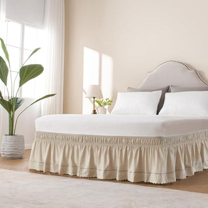 MIYE Wrap Around Ruffled Lace Bed Skirt, Elastic Dust Ruffle with Adjustable Belts, Easy to Put On, Bed Frame Cover, Machine Washable (Embroidered/Beige, King/Queen-15 Drop)