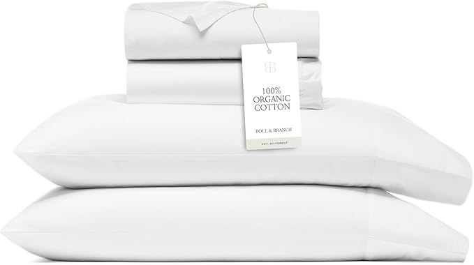 BOLL & BRANCH Signature Hemmed Sheet Set - Split King, White - Luxury 100% Organic Cotton - Includes 1 Flat, 2 Fitted, 2 Pillowcases - Buttery Soft