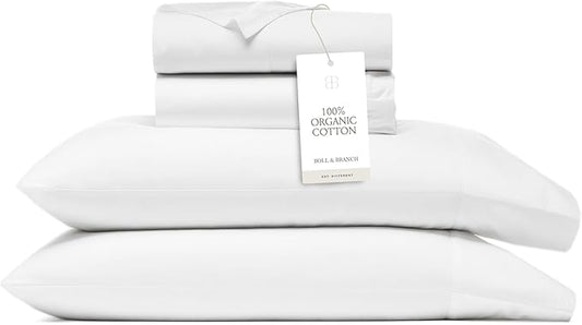 BOLL & BRANCH Signature Hemmed Sheet Set - Queen, White - Luxury 100% Organic Cotton - Includes 1 Flat, 1 Fitted, 2 Pillowcases - Buttery Soft