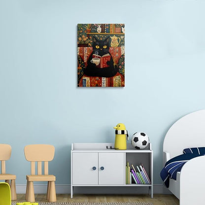 Pveror Reading Black Cat Canvas Wall Art Whimsical Animal Illustration Cozy Coffee Book Scene Vintage Folk Art Style Cottagecore Home Decor For Living Room Bedroom Study Library Gift 16x24 Inches