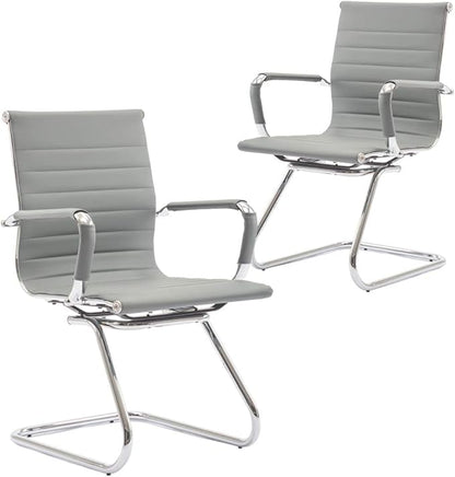Wahson Office Guest Chairs Set of 2, Leather Reception Chairs, Mid Back Waiting Room Chair, Conference Chairs with Sled Base, Desk Chair No Wheels for Meeting/Lobby/Restroom, Grey