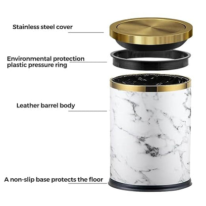 4 Gallon Bathroom Trash Can with Swing Lid, White Gold Garbage Can, White Marble Leather Waste Basket, for Bedroom Kitchen Powder Room (Marble)