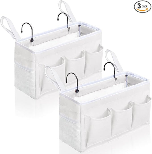 Kanrichu 2Pcs Beside Caddy Storage Organizer, Hanging Bag Holder with Pockets for Bedroom, Loft Bed Tent, Bed Curtain, Top Bunk bed Shelf Accessories Bedside Caddy 3-pocket (White-2pcs)
