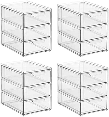 mDesign Plastic Stackable Organizer with 3 Drawers - Pull-Out Drawer Storage Bin for Bathroom Sink/Cabinet Organization - Perfect for Makeup, Small Towels, and More - Lumiere Collection, 4 Pack, Clear