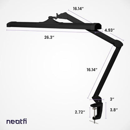 Neatfi LED Desk Lamp, 3,500 Lumens, 3 Light Modes, Dimmable, 45W, Touch Control, 26 Inch Wide Metal Shade, 540 SMD LEDs, Directional Lighting, Eye Caring Task Lamp (CCT with Clamp, Black)