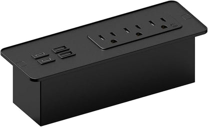Kable Kontrol Recessed Power Strip with Fast Charging 2 PD65W USB-C Ports, 2 USB-A Ports, 3 Power Desk Outlets, Flush Mount Furniture Charging Station Grommet for Side Table, End Table - Black