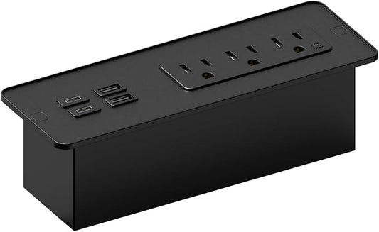 Kable Kontrol Recessed Power Strip with Fast Charging 2 PD65W USB-C Ports, 2 USB-A Ports, 3 Power Desk Outlets, Flush Mount Furniture Charging Station Grommet for Side Table, End Table - Black