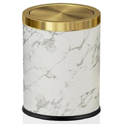 4 Gallon Bathroom Trash Can with Swing Lid, White Gold Garbage Can, White Marble Leather Waste Basket, for Bedroom Kitchen Powder Room (Marble)