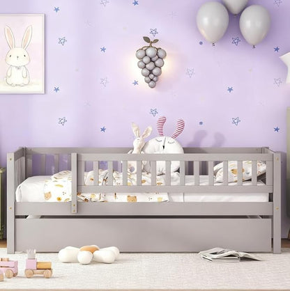 Bellemave Twin Kids Bed Frames with Rails for Kids, Twin daybed with Trundle for Boys/Girls/Adults，Gray