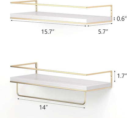 Shario White Floating Shelves - Set of 2, Wall Mounted Hanging Shelves with Golden Towel Rack, Decorative Storage Shelves for Bathroom, Kitchen, Living Room & Bedroom (White Gold, 15.7 Inches) | Hanging Shelves, for Bathroom, Kitchen, Living Room, Bedroom