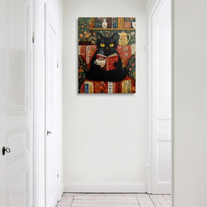 Black Cat Wall Art Canvas Reading Cat Artwork Cozy Library Illustration Vintage Folk Style Animal Painting Cottagecore Home Decor For Living Room Bedroom Study Office Book Lover Gift 12x16 Inches