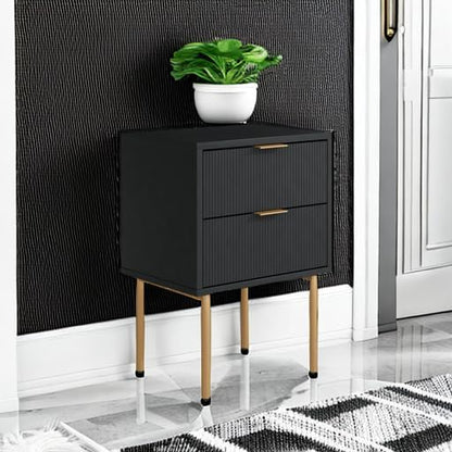 Masupu Nightstand,Mid-Century Modern Bedside Table with 2 Storage Drawer,Small Gold Frame Side End Table for Bedroom,Living Room, Black