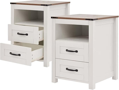 White Rustic Night Stand Set of 2, Farmhouse End Table, Modern Bedside Table with 2 Storage Drawers and Open Shelf, Tall Nightstand for Bedroom
