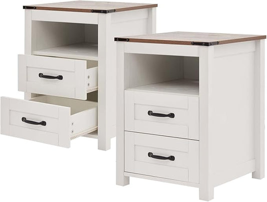 White Rustic Night Stand Set of 2, Farmhouse End Table, Modern Bedside Table with 2 Storage Drawers and Open Shelf, Tall Nightstand for Bedroom