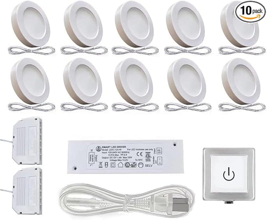 VST Under Cabinet Lighting Plug in with Wired Touch Dimmer Switch,Recessed or Surface Mount Design,Natural White 4000K 12V 2W(20W Total, 10 Pack White) Puck Lights Fixtures