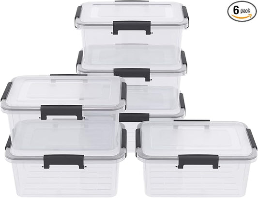 10 Liters Clear Storage Box with Latch Clips/Lid, Plastic Airtight Pet Food Containers Set of 6