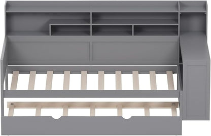 Merax Twin Size Corner Bed Frames with Desk and Trundle & Storage Shelves Headboard, Pinewood U-Shaped Captain Daybed for Small Room, Bedroom, Guest Room, Kids' Room, Grey