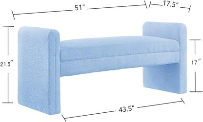 24KF Modern Upholstered Bed Bench Covered with Soft Boucle Teddy Fabric, Lovely Entryway Bench Ottoman with Armrest, 5062-Light Blue
