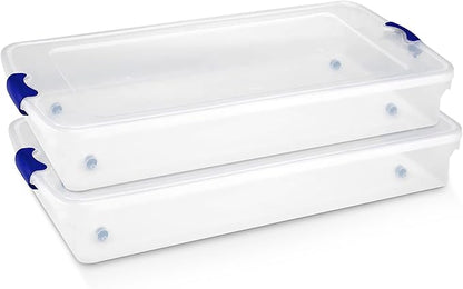 HOMZ 2-Pack Under Bed Storage, Clear Plastic Containers with Lids, 60 Quart, Blue Latch - Stackable Underbed Organizer Bins for Shoes, Bags, Clothes, and Towels